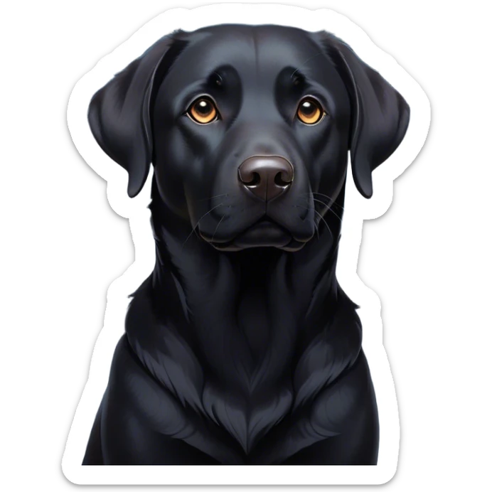 Cinematic Noble Black Labrador Portrait Emoji, Poised and regal, with a robust, muscular build and a sleek, shiny pure black Fur, deep-set soulful brown eyes, Simplified yet sharp and sophisticated features, highly detailed, glowing with a soft, dignified glow, high shine, intelligent and gentle, stylized with an air of confidence, focused and attentive, soft glowing outline, capturing the essence of a watchful and loving companion, so majestic it feels as though it could bound out of the screen with effortless authority! sticker