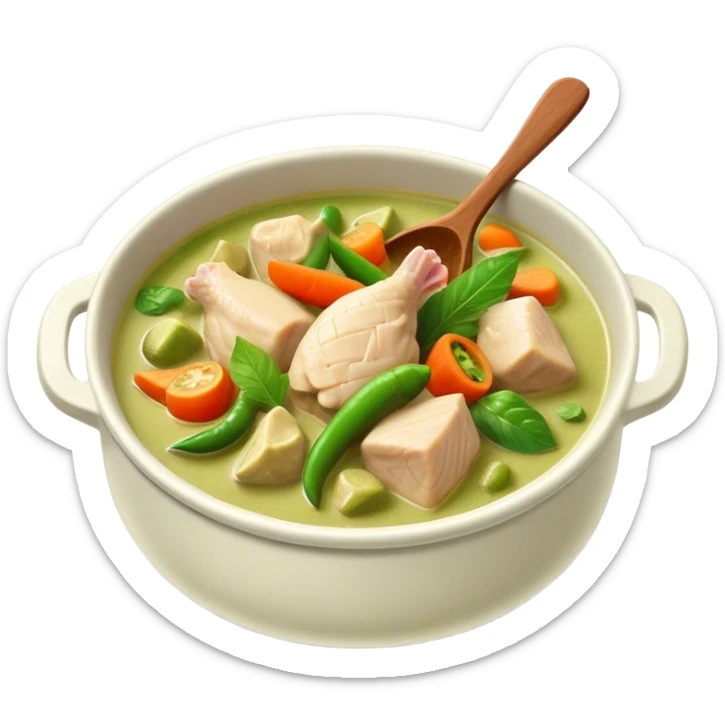 Green Chicken Curry Cinematic Realistic Green Chicken Curry Dish Emoji, depicted as tender chicken chunks simmered in a fragrant green curry sauce with vegetables, rendered with vivid textures and dynamic, vibrant lighting. sticker