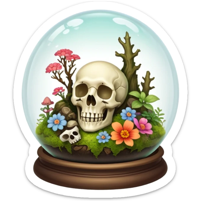 Mystical woodland glass-dome-terrarium-globe with moss and an animal-cadaver-skull and flowers inside  sticker