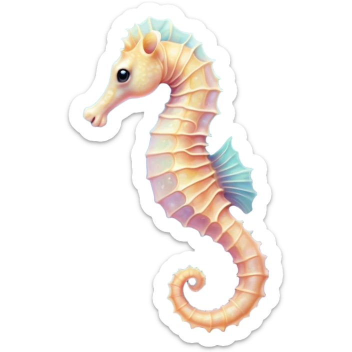 Cinematic Cute Sea Horse Portrait Emoji, Head tilted playfully and inquisitively, featuring a charming, petite seahorse with a softly curved body in pastel tones, a delicately coiled tail and round, sparkling eyes full of gentle wonder, Simplified yet irresistibly adorable features, highly detailed, glowing with a warm, inviting aquatic glow, high shine, affectionate and lively, stylized with a touch of enchanting marine charm, soft glowing outline, capturing the essence of a mischievous yet loving seahorse that seems as if it could float out of the screen into your arms! sticker