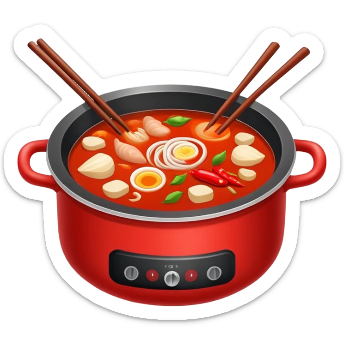 Chongqing hotpot with red spicy broth and ingredients, simplified emoji style with bold outlines and bright colors, cartoon style Chinese hot pot sticker