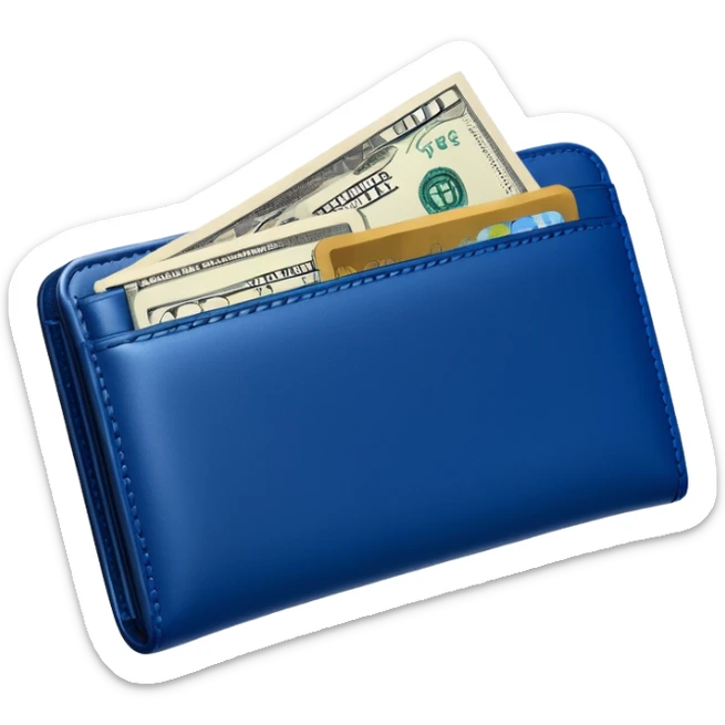Rich emoji style Deep Blue leather wallet with dollar bills, luxury money vibe, premium 3D emoji, ultra clean, high detail, no background sticker