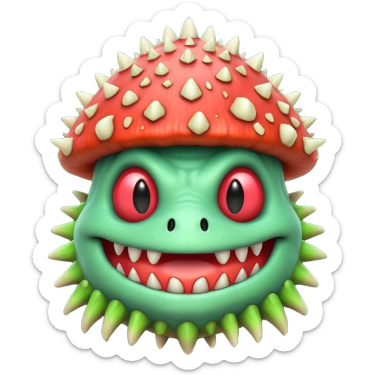 poisonous mushroom monster portrait, head and shoulders only, toxic green glow, scary grin, spiky mushroom head, 3D cartoon, mobile game icon style, clean background, no text, no watermark

 sticker