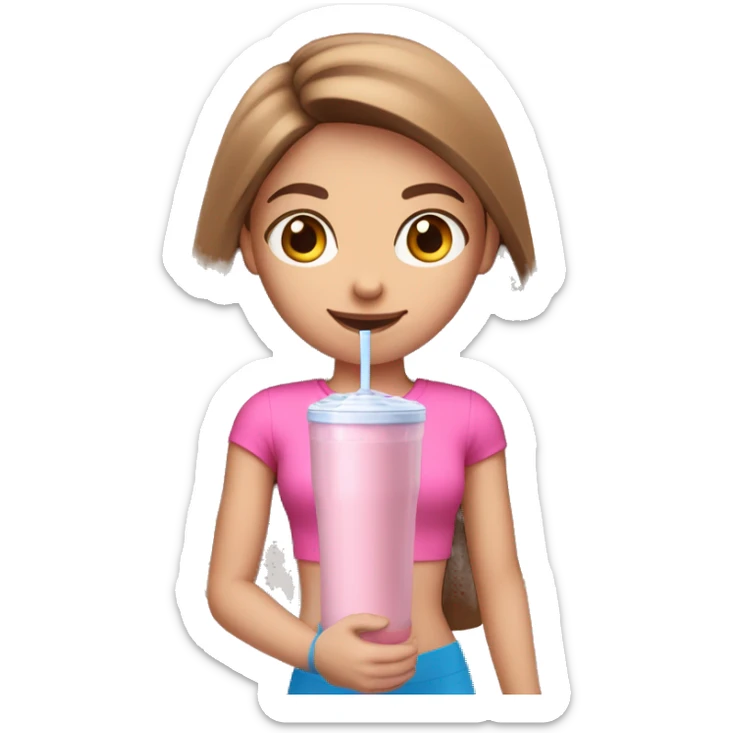 a girl with brown long straightened hair and blue eyes with pink leggings and pink sports top with a protein shake in her hand sticker