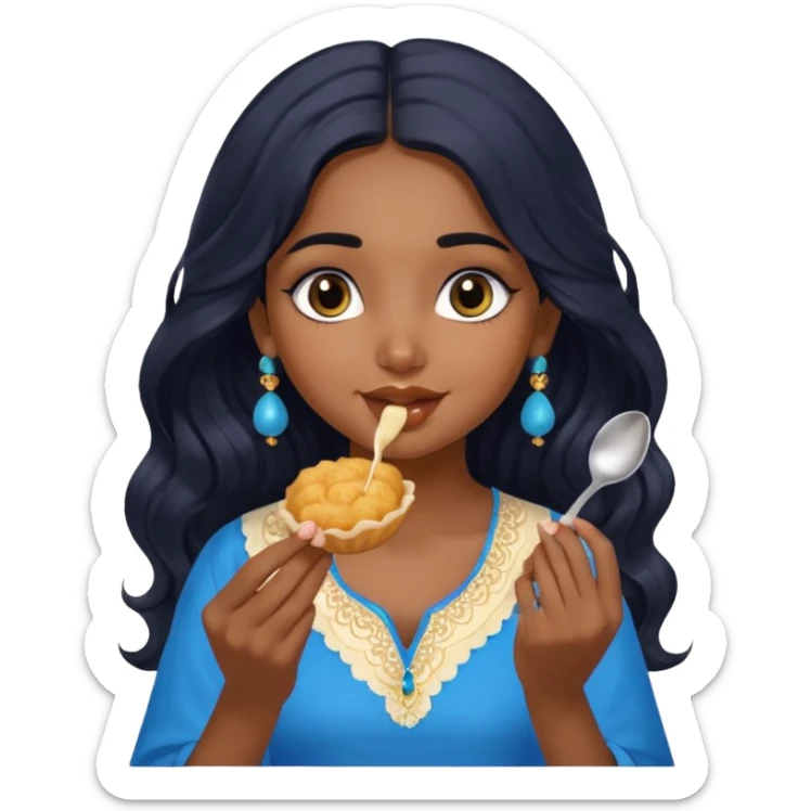 a pretty indian bratz girl with wavy long black hair. eyeliner on, wearing a blue kurti, eating golgappa (without spoon) sticker