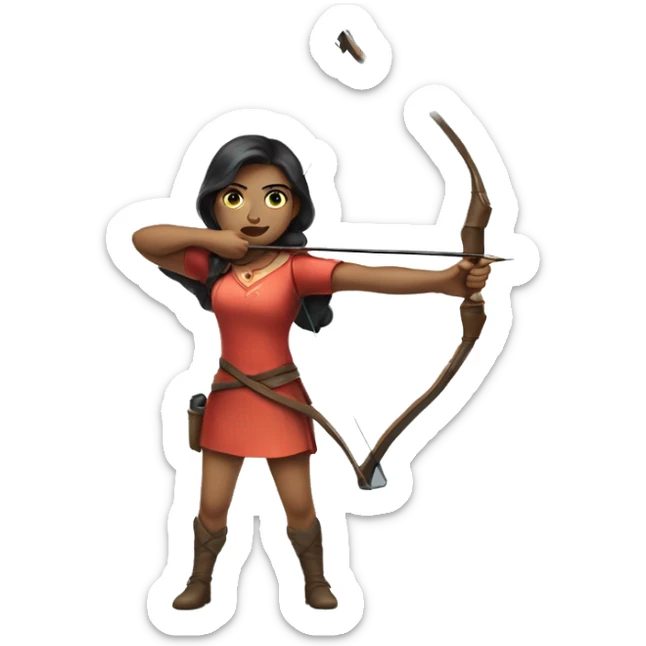 an archer aiming with a bow in her hand but no arrow, dark hair, bright skin, sticker