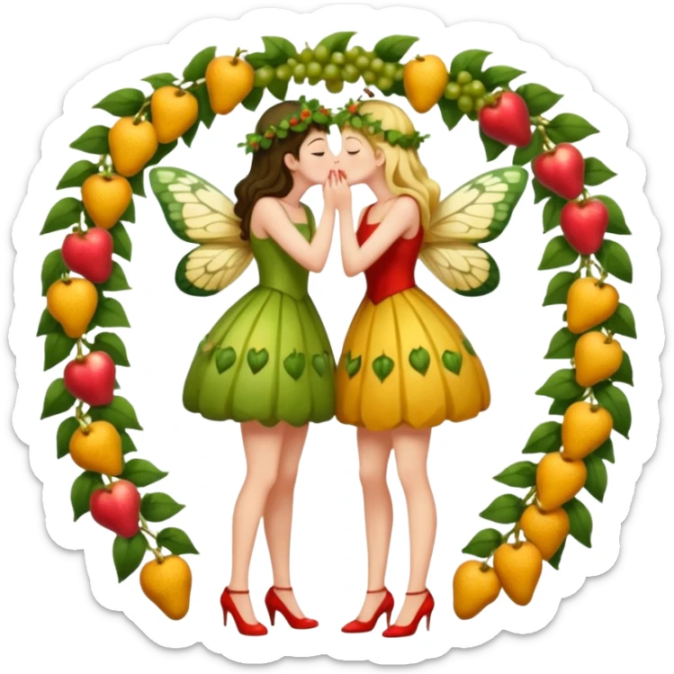 full body two women kissing, fruit vine outfits and moth swarm halo sticker
