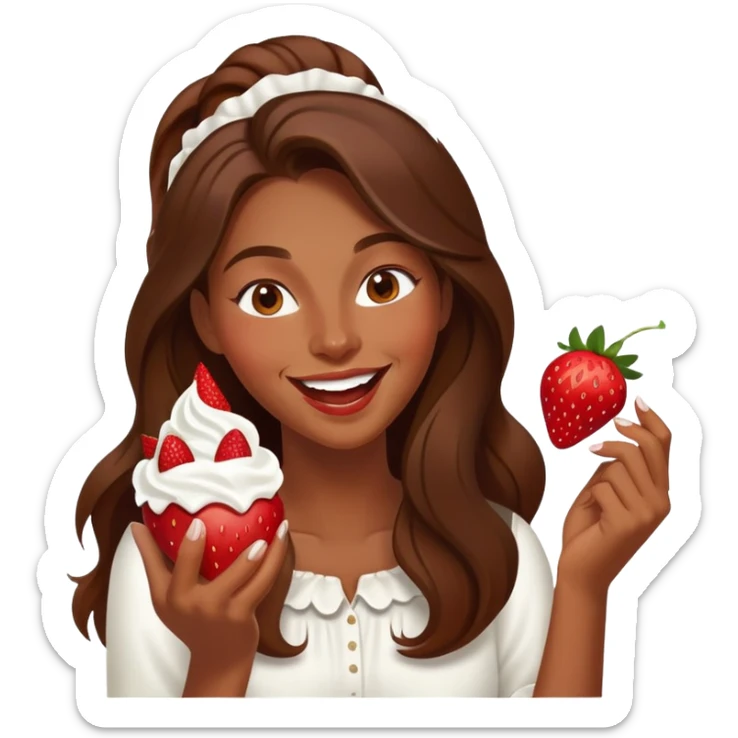 Young woman with long brown hair eating strawberries whipped cream, laughing elegant  sticker