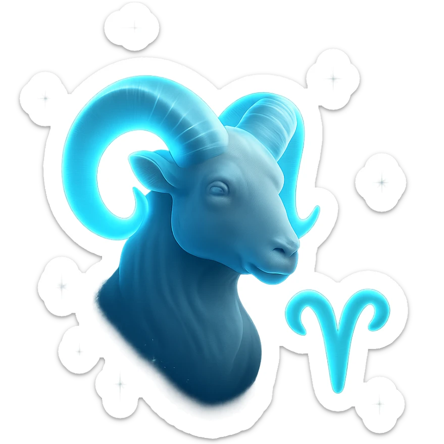 "A digital illustration of the Aries zodiac sign, a majestic ram with glowing horns, incorporating the color #00d9ff prominently in its design, celestial background, mystical and cosmic atmosphere" sticker