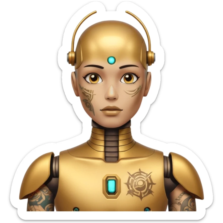 gold Tatooed robot with rada, big many tatooes on chest, neck and face, white tatoo on face sticker