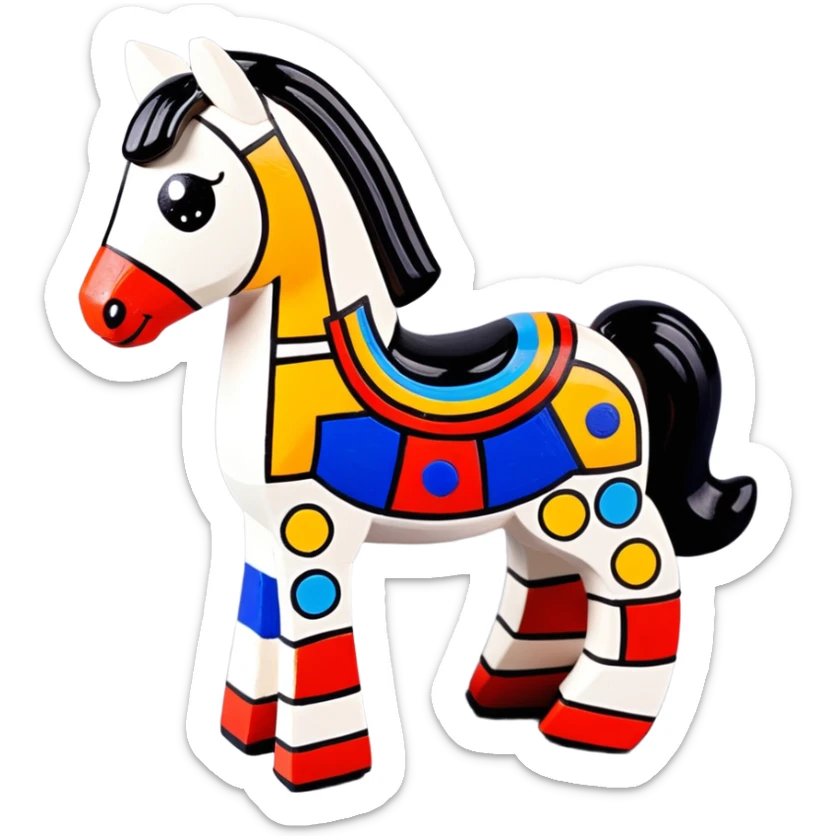 Dymkovo toy horse, traditional Russian clay figurine with colorful geometric patterns, white base with red, blue and yellow decorations sticker