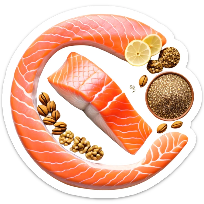 Floating arrangement of omega-3 rich foods: fresh salmon fillets, walnuts, flaxseeds, chia seeds and golden omega-3 capsules, all emitting a soft golden glow. The foods orbit around a central shimmering omega symbol, with gentle flowing energy connecting them. sticker