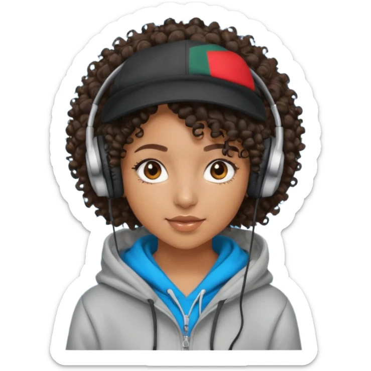 curly haired with headphones in and hoddie  black girl with cap sticker