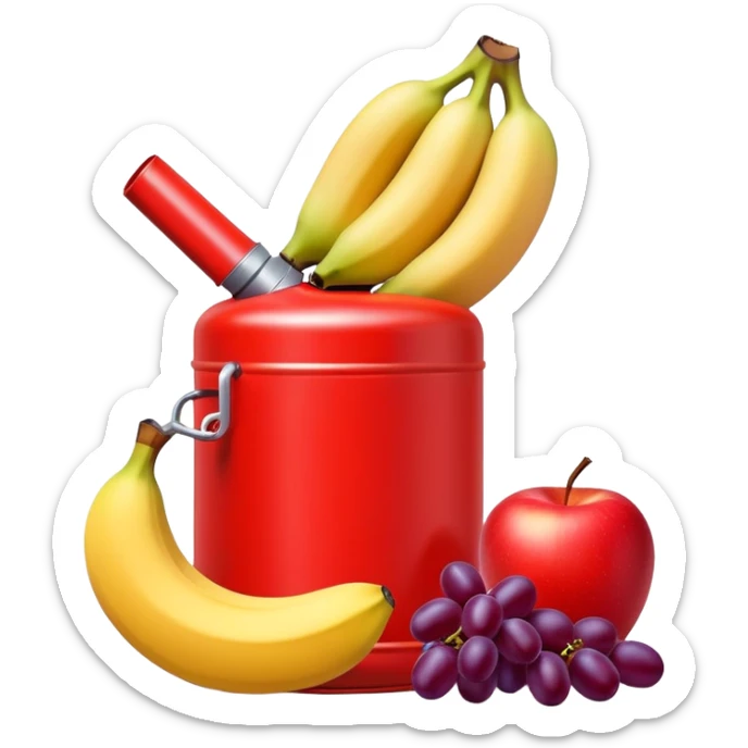 bright red gasoline canister surrounded by a banana, an apple, and grapes, red fuel can with fruits arranged around it sticker