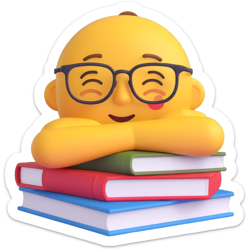 emoji of a sleepy face with glasses, resting on a pile of textbooks, showing fatigue from studying for exams sticker