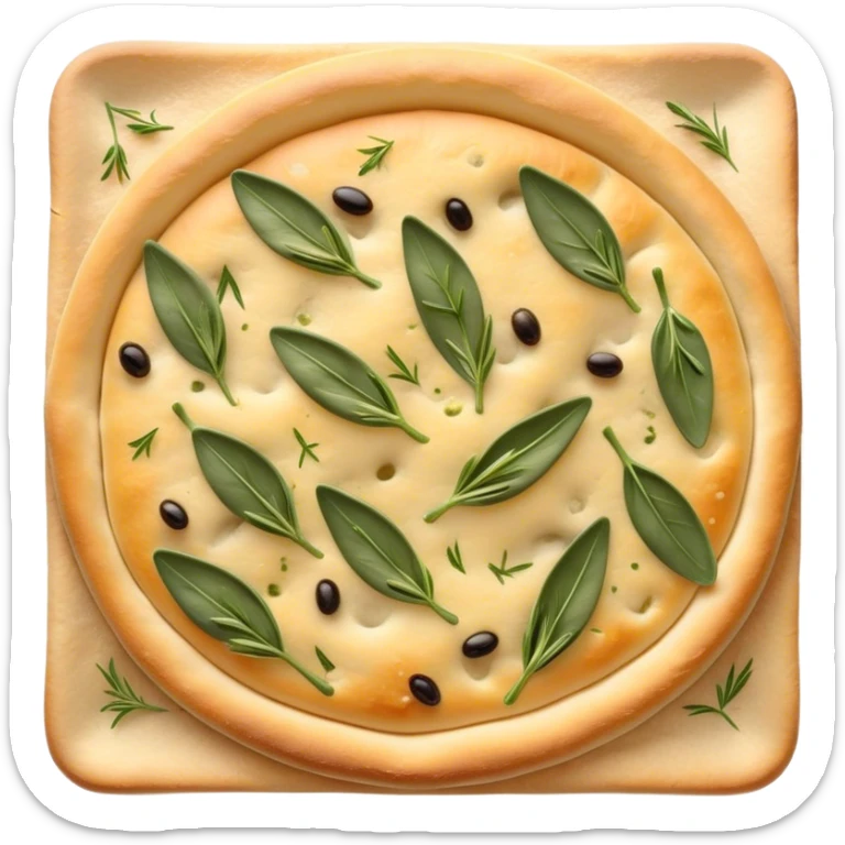 Cinematic Realistic Focaccia Bread Dish Emoji, depicted as a golden, olive oil brushed flatbread sprinkled with herbs rendered with lifelike texture and soft, appetizing lighting. sticker