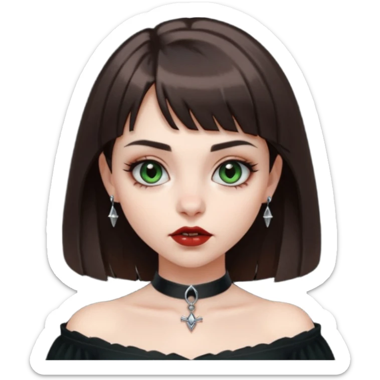 pale girl with dark green/brown eyes, straight medium length brown hair and short bangs, full round lips, eyebrow and nose silver piercing wearing a off shoulder black shirt. she’s a vampire sticker