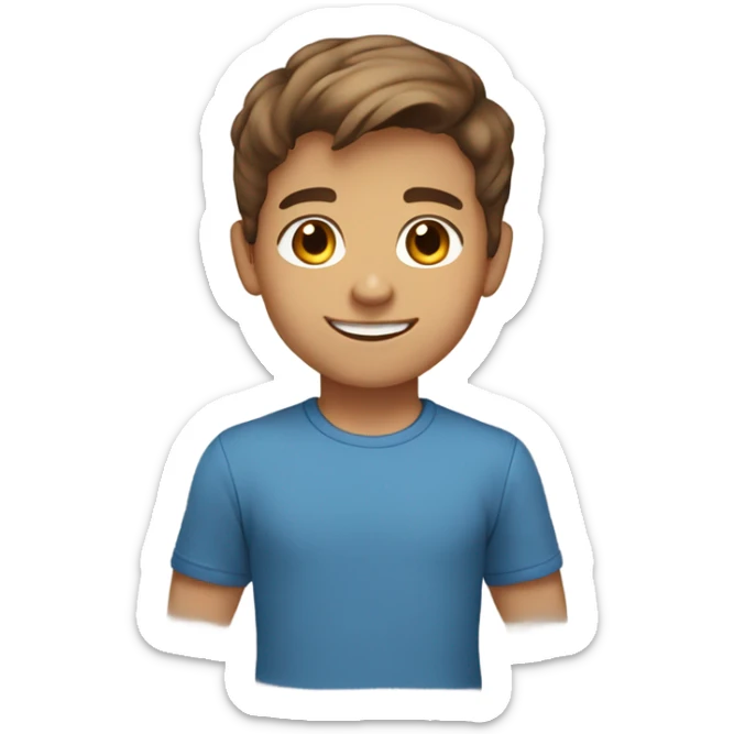 Smiling boy with brown eyes light tan skin tone brown hair and blue shirt and short brown hair sticker