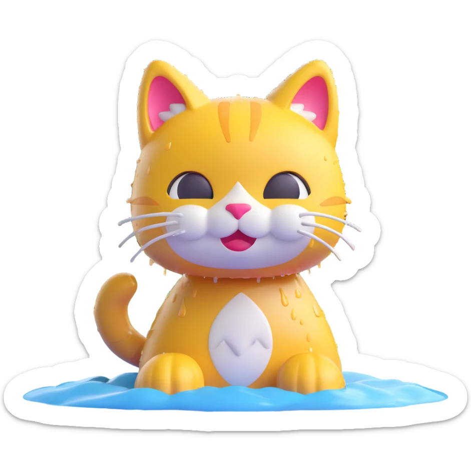 a cat in the rain, 3D emoji style, cute, shiny, wet fur sticker
