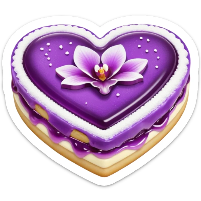 Realistic shortbread cookie in the shape of a heart with orchid purple color jelly middle filling and sprinkled powder sugar on top. sticker