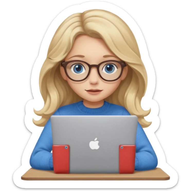 blonde girl with long dark blonde wavy hair, blue big eyes, pantos-style glasses, a brown colored sweater, sitting and looking in laptop, soft pastel, upper body shot sticker
