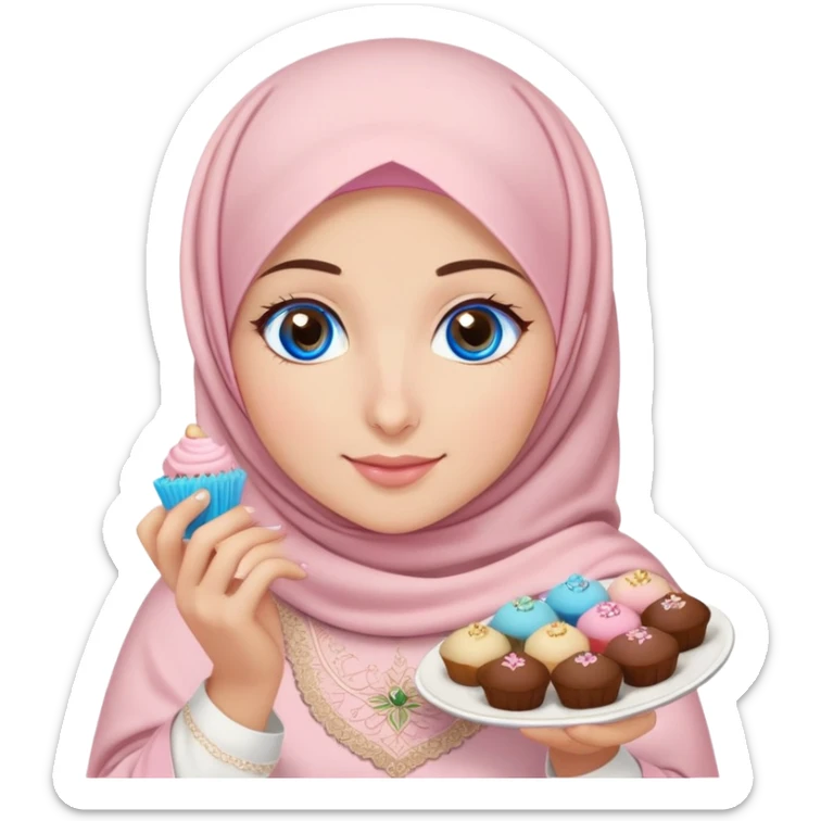 Turkish beautiful finish Konya girl blue eyes with powder pink brown hijab islamic dress and had on her hand text Eid Mubarak with sweets and celebrating with her friends eid days   sticker