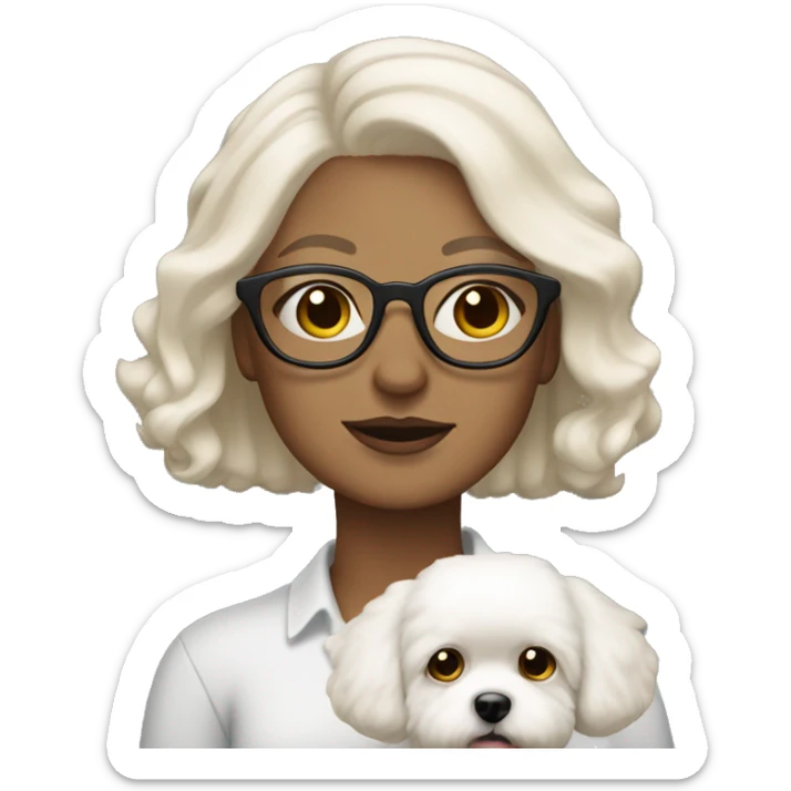 Woman with white medium length hair and glasses holding Bichon with tan ears sticker