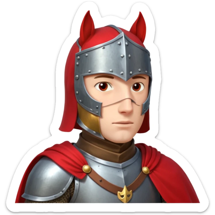 medieval horse rider knight portrait, head and shoulders only, armor collar, cloak, intense eyes, fantasy vibe, 3D cartoon, mobile game icon style, clean background, no text, no watermark
 sticker
