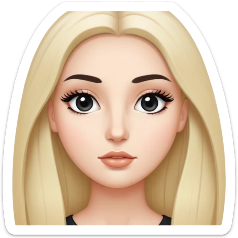 White girl with long oval face, huge round black eyes, big eyelashes, no makeup, natural lips, long straight black middle-parted hair sticker