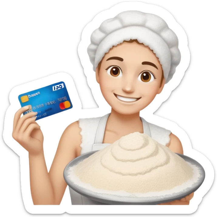 Happy emoji with credit card in hand an a pile of flour sticker