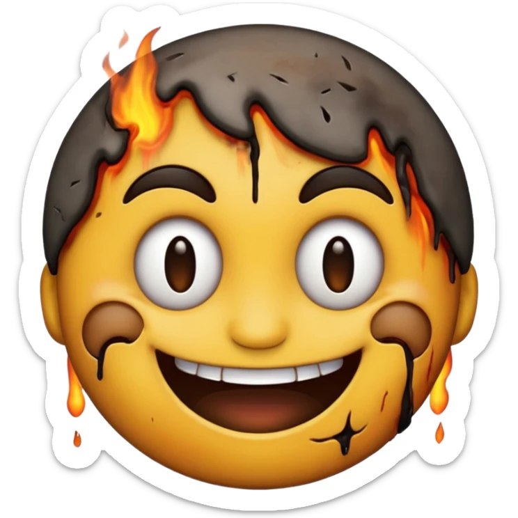 A emoji with half of his face burnt with the emoji having a big grin sticker