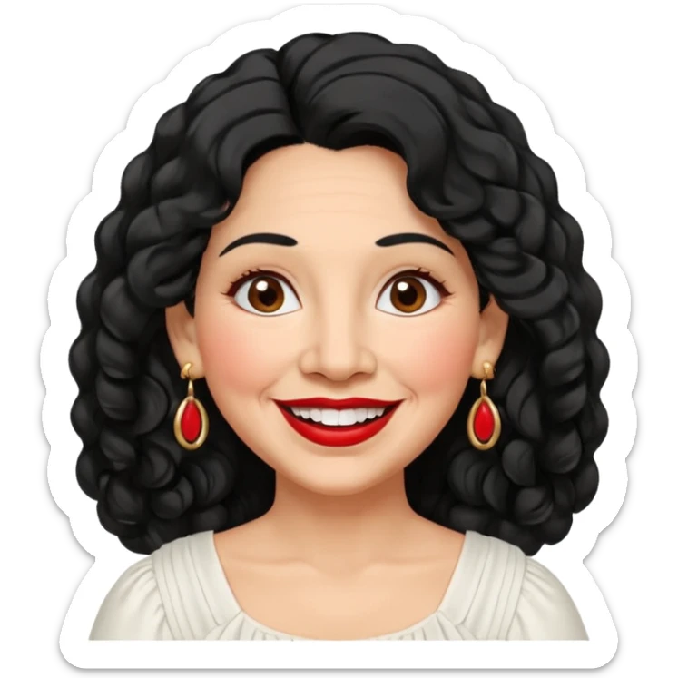 60 yr old Mexican woman, slightly chubby, wavy/curly long black hair, red lipstick, big smile, white teeth, brown eyes, hoop earings, side part to hair, round face, pretty white dress, hair side swept, big hoop earing sticker