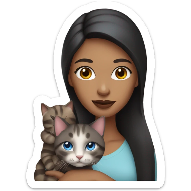 woman with long dark hair, pink lips,and blue eyes holding a tabby cat sticker