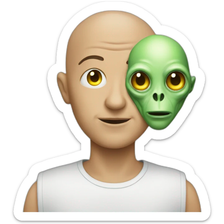 Bald man with alien sticker