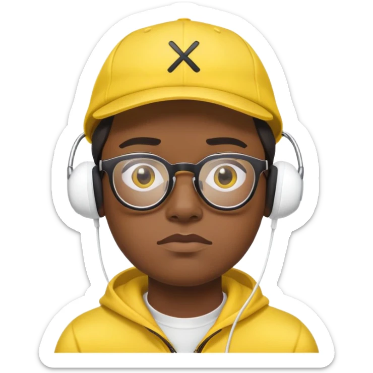 "- Nam
- 30 tuổi
- Da đen
- Đội mũ lưỡi trai vàng
- Đeo kính, airpod
- Mặt buồn
" sticker