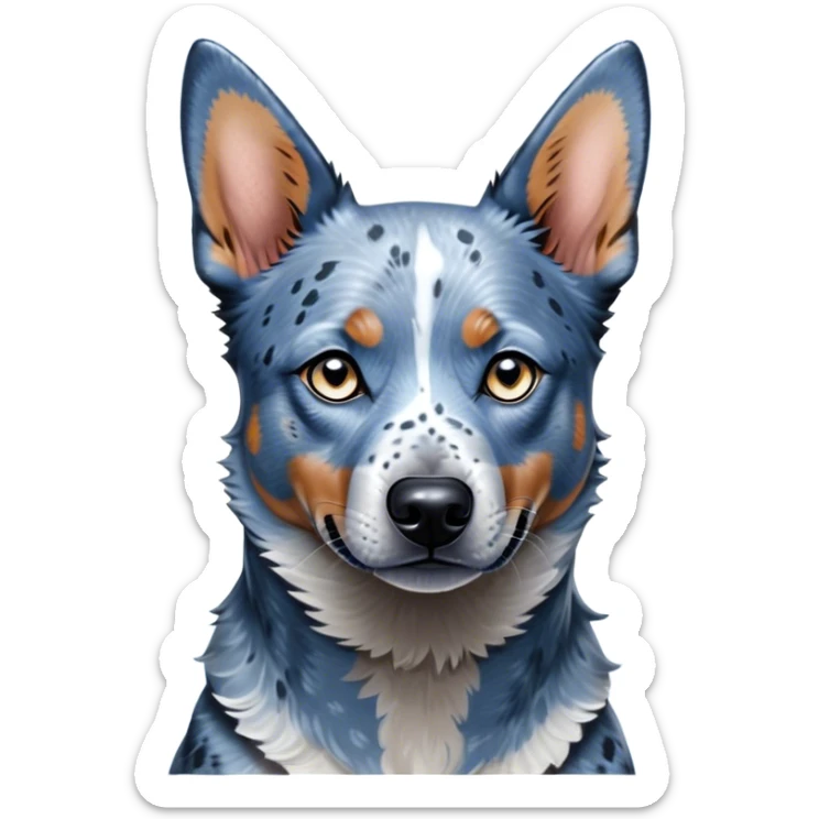 Cinematic Noble Blue Speckle Australian Cattle Dog Portrait Emoji, Poised and regal, with a robust, athletic build and a striking blue speckle Fur, piercing blue eyes, Simplified yet sharp and sophisticated features, highly detailed, glowing with a cool, dignified glow, high shine, intelligent and hardworking, stylized with an air of precision, focused and attentive, soft glowing outline, capturing the essence of a watchful and determined herder, so majestic it feels as though it could leap out of the screen with effortless authority! sticker