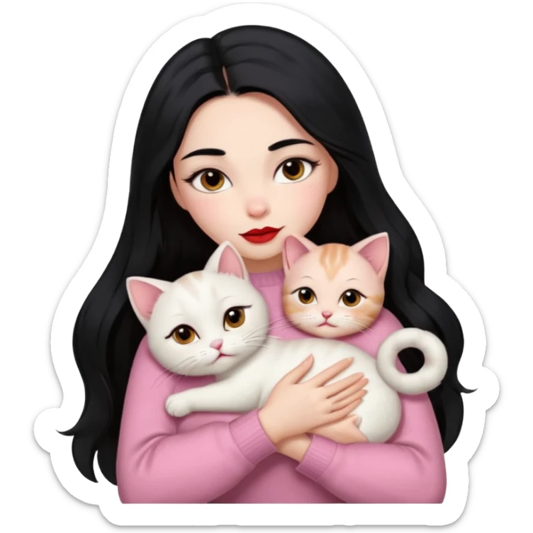 Beautiful Girl Long Hair black, Brows Big , Skin White, Sweater Pale Pink , Big Red Lips, Eyes marron , Hug Little baby Persa Cream Cat With Cute Eyes sticker
