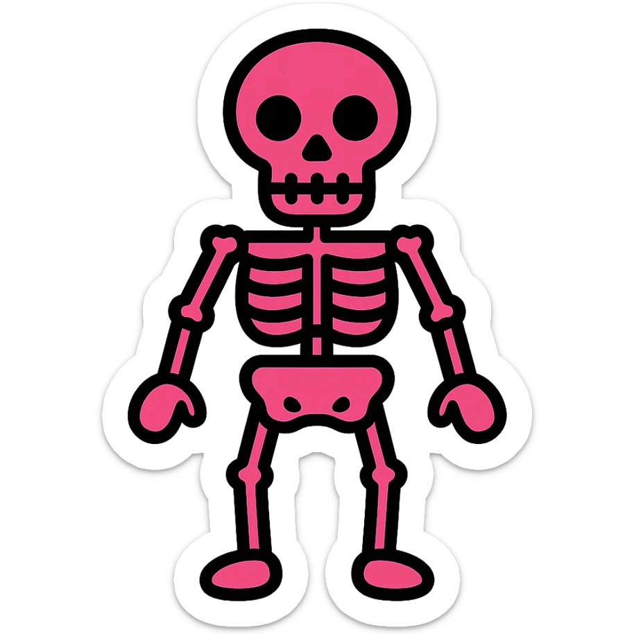 very simple line drawing of the body of a skeleton, 2D, fuchsia color, emoticon/symbol style sticker