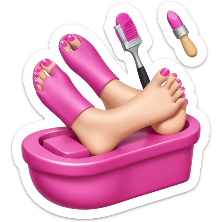 3D isometric emoji of a foot getting a pedicure, hand holding a nail polish brush, soft glossy texture sticker