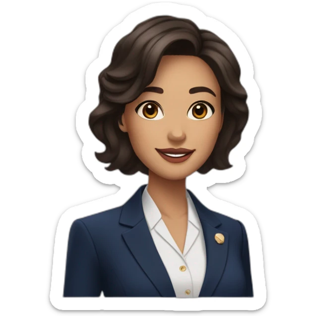 Beautiful woman with dark brown hair, big almond shape brown eyes wirh long eyelashes, pretty smile with medium full lips, defined jawline, medium size nose, wearing a navy power suit  sticker