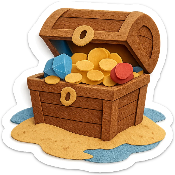 illustration of a treasure chest overflowing with gold coins and jewels on a sandy beach, paper-craft style sticker