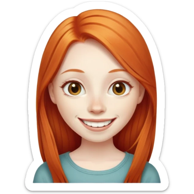 traditional emoji of young girl with very pale skin, long straight bright ginger red hair, elongated almond-shaped eyes, long nose, big smile with large prominent teeth showing, classic round face sticker