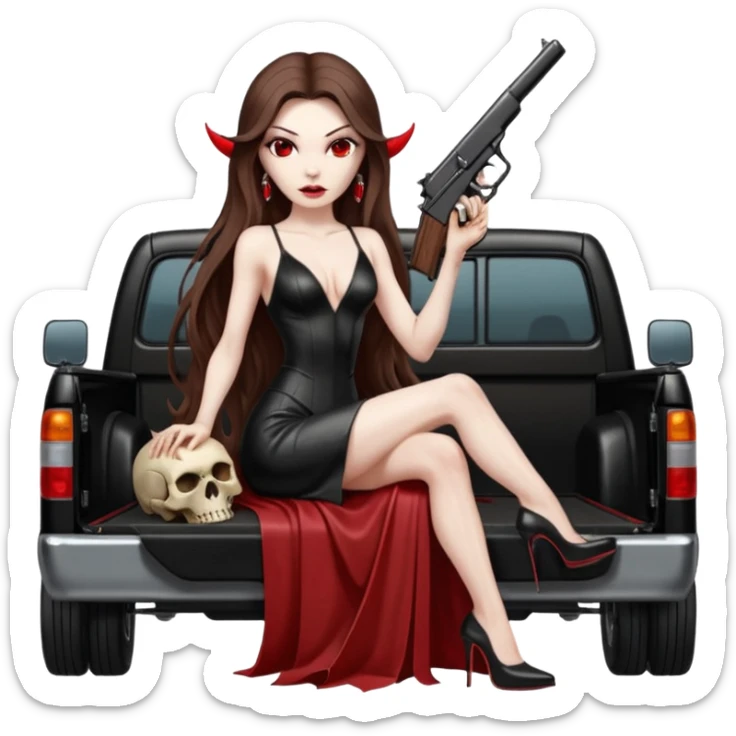 Lilith symbol red eye seductress evil long brown haired sexy succubus woman with leather long dress with slit on, sitting in Big Large F350 pickup truck. Platform long high heels on feet. Back seat full of stacks of cash, she is  Holding a man dead human skull of her enemies and a gun in other hand sticker