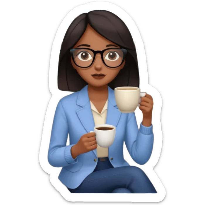 Chica de pelo negro ojos negros y piel morena con lentes oversize square GAFAS DE LEER BIEN GRANDES  , sentada en una sala de casa , en la mano derecha una taza de cafe con una flor negra de diseno. Sentada mirando un drama koreano en la television.  sticker