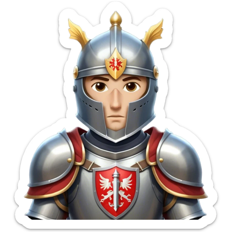 Clash of Clans aesthetic friendly Knight Portrait Emoji, With a noble, armored build featuring a gleaming suit adorned with simple heraldry and a determined gaze behind a visored helm, his face rendered in a natural skin tone (not yellow), Simplified yet dynamic features, highly detailed, glowing with a cool, steely radiance, high shine, courageous and resolute, stylized with an air of chivalric valor, focused and stalwart, soft glowing outline, capturing the essence of a valiant knight ready to charge into epic quests with honor! sticker