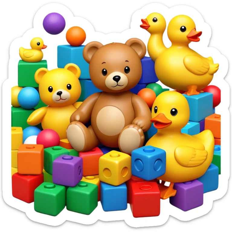 Colorful toys scattered together - teddy bear, rubber duck, toy blocks, ball, and action figures sticker