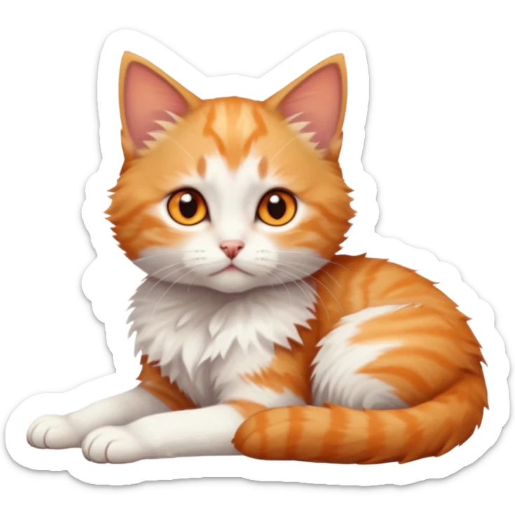 full body of very small + skinny ginger and white kitten with deep orange eyes and triangular shaped face lying down sticker