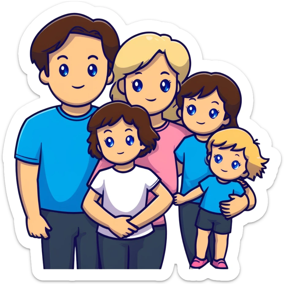 Family portrait with father with dark brown hair and blue eyes, mother with light brown hair and blue eyes, three blonde little girls with blue eyes sticker