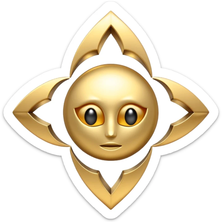 abstract amulet emoji, liquid metal form, symmetrical design, mystical futuristic 3D icon, isolated on white sticker