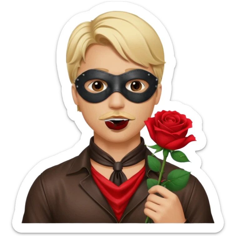 blonde man with leather eye mask and leather halter neck blouse, holding rose with his mouth sticker